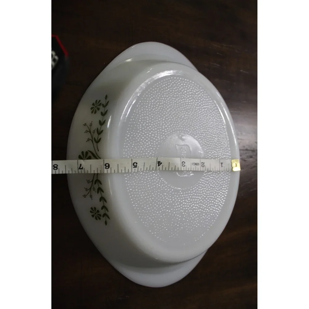 Glasbake J2352 MilkGlass Divided Serving Dish Green Floral Oval Bakeware Vintage